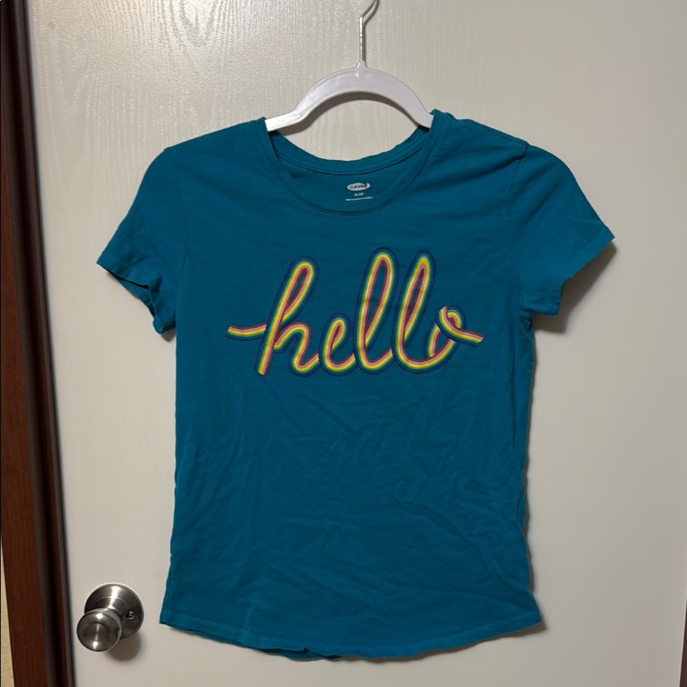 Old Navy Teal Kids T-Shirt with 'Hello' Print Size XL (14)